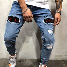 Calça jeans masculina slim-fit, jeans rasgado bordado, calça lápis com buracos, calça hip hop, novo, 2021 2024 - compre barato