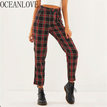 OCEANLOVE Plaid 2020 Autumn Fashion Women Pants Korean High Waist Zipper Trousers Sweet Straight Vintage Pantalon Femme 12792 2024 - buy cheap