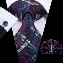 Hi-Tie Burgundy Purple Plaid Silk Wedding Tie For Men Hanky Cufflink Gift Men Tie Gravata Fashion Design Business Dropshipping 2024 - buy cheap