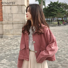 Куртка женская Вельветовая однотонная, базовая свободная универсальная куртка в ретро стиле для студентов, розовый простой модный пиджак для колледжа Ulzzang 2024 - купить недорого