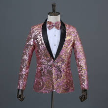 Blazer masculino com um botão, brilhante floral, lantejoulas, lapela, balada, palco, casamento, dj, blazer com gravata-borboleta 2024 - compre barato