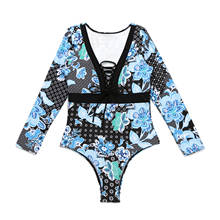 Meihuida Female Bathing Suit, Floral Print V-Neck Long Sleeve Swimsuits One-Piece Swimwear for Women, S/M/L 2024 - buy cheap