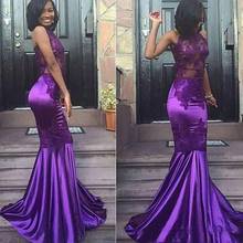 Black Gilrs Satin High Neck Lace Evening Gown Purple Mermaid Prom Dresses vestido de fiesta largos de noche elegante 2024 - buy cheap