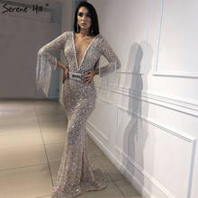 Dubai Luxury Long Sleeves Tassel Prom Dresses 2019 V-Neck Beading Sequined Sexy Prom Gowns Serene Hill DLA60770 2024 - buy cheap
