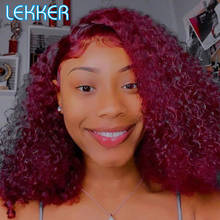 Peluca de cabello humano con parte de encaje de Bob rizado rizado de color Lekker para mujeres pelucas de color rojo borgoña ondulado corto natural brasileño Remy 2024 - compra barato