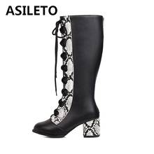 ASILETO Winter Knee high boots Round toe Block heels PU Snakeskin Cross-tied Zipper Big size 34-48 Black Beige Club Party S2010 2024 - buy cheap