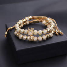 Pulseira masculina, bracelete de joias de luxo com cravação micro cz, pingente rei e rainha, contas reais em macrame 2024 - compre barato