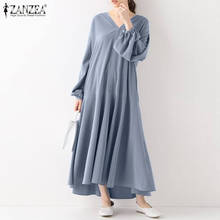 ZANZEA Women's Spring Sundress 2021 Puff Sleeve Maxi Dresses Elegant V Neck Vestidos Female Casual Lace Up Robe Femme Oversized 2024 - buy cheap