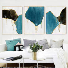 Pintura sobre lienzo para sala de estar, carteles con impresiones de mármol dorado, negro, azul, abstracto, imagen artística minimalista para decoración de dormitorio, obra de arte 2024 - compra barato