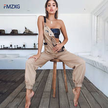 Macacão feminino de algodão cáqui, macacão casual com calças compridas básicas preto, macacão feminino com pernas largas 2024 - compre barato