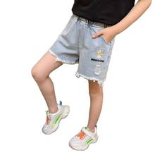 Short rasgado de 10 a 12 13 14 anos infantil, calça jeans azul bordado com margaridas e flores roupas de adolescentes 2024 - compre barato