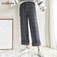 JuneLove Women Winter Woolen Plaid Female Pant Vintage Elastic High Waist Pant Plus Size Harajuku Wide Leg Lady Trousers Bottoms 2024 - buy cheap
