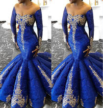 Royal Blue Evening Dresses Long Women Robe De Soiree Vestido Sequine Appliques Off The Shoulder Aso Ebi Plus Size Formal Gowns 2024 - buy cheap