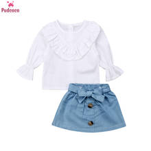 Conjunto de roupas 2 peças para bebês crianças primavera outono bebês meninas branco manga comprida conjunto de blusas + saia jeans conjunto de roupas 1-5 anos 2024 - compre barato