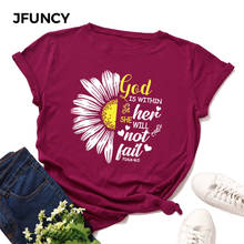 JFUNCY-Camiseta de verano en tallas grandes para mujer, Camiseta de algodón con estampado de girasol, de manga corta Camiseta holgada para mujer, ropa para mujer 2024 - compra barato