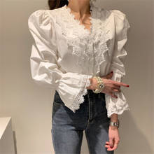 Alien Kitty OL Office Lady Casual V-Neck Shirts 2020 Sweet Chic Patchwork Lace Flare Sleeves Warm All-Match Stylish Blouses 2024 - buy cheap