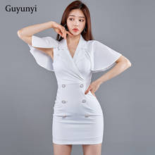 Elegant Party Dress 2022 Summer White Black Mini Dress Notched Neck Double Breasted Decoration High Waist Tight Dress Women 2024 - buy cheap