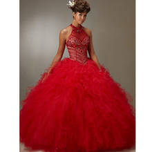 Vestidos vermelhos baratos de quinceañera, vestido de baile halter, organza, babados, cristais com babados, sweet 16 2024 - compre barato