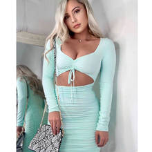 Summer new women's turquoise low-collar v collar long-sleeved ruffled bow tie bow tie mini short dress 2024 - buy cheap