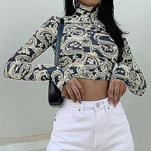 Chic Women Long Sleeve Dragon Print Turtleneck Crop Top Thumb Hole Slim Blouse Hole Slim Blouse 2024 - buy cheap