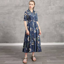 Verão algodão vestido feminino 2020 vintage turn-down colarinho com cinto floral impressão vestido denim única menina k82236 2024 - compre barato