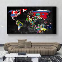 Mapa mundi e bandeiras nacionais grafiti, pintura em tela para sala de estar, quarto, arte de decoração de parede (sem moldura) 2024 - compre barato