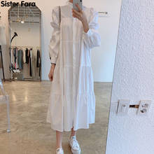 Sister Fara New Spring 2022 Draped Loose Dress Women O-Neck Puff Sleeve Dresses Single Breasted Office Lady Solid Mid-Calf Dress 2024 - buy cheap