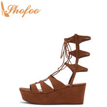 High Wedge Heels Sandals Brown Gladiator Platform Women Wraparound Lace Up Large Size 12 16 Ladies Fashion Mature Shoes Shofoo 2024 - buy cheap