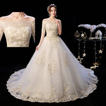 Свадебное платье 2020, элегантное платье принцессы с вырезом лодочкой и шлейфом, кружевное платье цвета шампанского, Vestidos De Novia 2024 - купить недорого