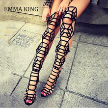 2021 Summer Women Over the Knee Gladiator Boots Sexy Open Toe Stiletto Heels Cut Out Gladiator Sandals Black Straps Sandal Boots 2024 - buy cheap