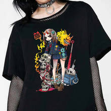 Camiseta feminina anime demon girl, estética solta punk dark grunge harajuku, camiseta feminina y2k 2024 - compre barato