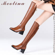 Meotina-Botas por encima de la rodilla de piel auténtica para mujer, zapatos altos de tacón grueso, con cremallera y punta estrecha, talla 34-42, Invierno 2024 - compra barato