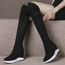 Fashion Sneakers Women Stretchy Genuine Leather High Heel Knee High Boots Female Lace Up Wedges Platform Thigh High Pumps Shoes 2024 - buy cheap