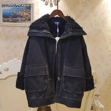 Winter Women's Denim Jacket 2021 New Black Big Lapel Loose Imitation Lamb Wool Coats Plus Velvet Thick Cowboy Parka Cotton Coat 2024 - buy cheap