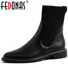 Fedonas-botas femininas de couro legítimo, calçado feminino de cano curto, feito em malha, para outono e inverno 2024 - compre barato