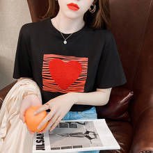 Camiseta feminina aossviao de algodão, camiseta feminina bordada de manga curta com gola redonda, estilo coreano slim, 2021 2024 - compre barato