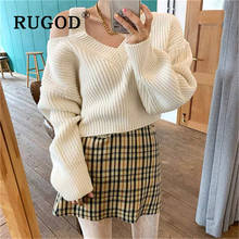 RUGOD Elegant V Neck Tunic Short Sweater Women Fashion Cold-shoulder Long Sleeve Knitted Pullover Winter Sweater Jumper Pull 2024 - buy cheap