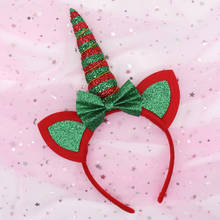 Diadema navideña para niña, diadema con orejas y cuerno de unicornio de rayas verdes Rojas brillantes, accesorios para cabello de Festival 2024 - compra barato