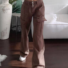 Повседневные коричневые женские джинсы YICIYA Y2K, длинные брюки-карго с высокой талией, женские модные прямые длинные брюки с карманами, женская уличная одежда 2024 - купить недорого