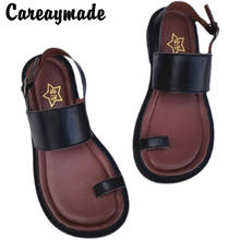 Sandálias de couro legítimo de verão com cabeça grande e versão larga para sandálias femininas casuais, sapatos artesanais puros 2024 - compre barato