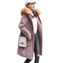 Abrigo de lana de gran tamaño para mujer, chaqueta con cuello de piel de mapache Real, gruesa, con capucha, hebilla de cuerno, talla grande 6XL, prendas de vestir exteriores G719 2024 - compra barato