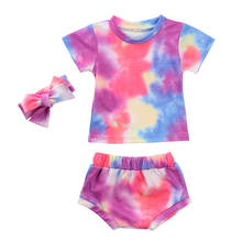 Kawgeett conjunto de roupas de verão para bebê, meninas, manga curta, top + shorts com elástico + faixa de cabeça, moda 3 peças 2024 - compre barato