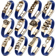 Wholesale Men 2020 New Blue Leather Bracelet Punk Charm Collocation Classic Gold Cuff Bracelets 14 styles Optional Jewelry Gifts 2024 - buy cheap