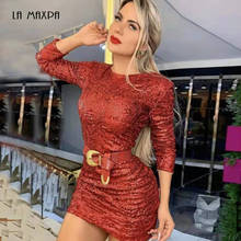Free Shipping 2021 New Women Red Elegant Sequined Bandage Dress O-Neck Long Sleeve Bodycon Mini Dress Celebrity Club Party Dress 2024 - buy cheap