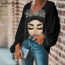 Jackherelook blusa feminina chiffon marca designer rainha hijab rosto muçulmano islâmico gril olhos imprimir o nec camisa de manga longa 2024 - compre barato