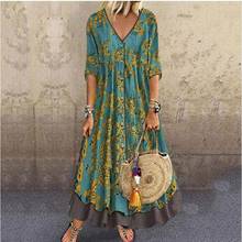 Plus Size Summer 2020 Long Dress Women V-Neck Floral Printed 3/4 Sleeve Maxi Swing Dress Casual Loose Dress 2024 - buy cheap