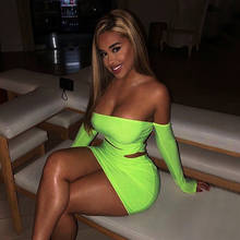 BKLD-vestido verde neón de manga larga para mujer, vestido Sexy con hombros descubiertos, liso, calado, para fiesta y club nocturno, primavera 2020 2024 - compra barato