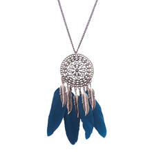 Popular Personality Bohemian Ethnic Style Round Leaf Feather Dream Catcher Woman Necklace Pendant Long Sweater Chain Necklace 2024 - buy cheap