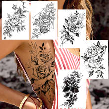 Tatuagens temporárias de rosas pretas, tatuagens para braço e costas, flor, peônia e bloosom corporal, arte falso floral, pasta de papel de tatuagem 2024 - compre barato