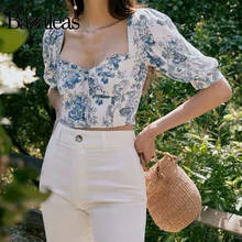 Bazaleas Vintage Blue Floral Print Blouse Chic Half Sleeve ropa mujer Fashion blouse women harajuku shirt 2024 - buy cheap